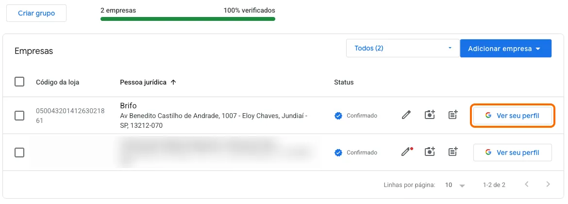 Lista de empresas do Gerenciador de Perfis de empresas com o botão Ver seu perfil destacado