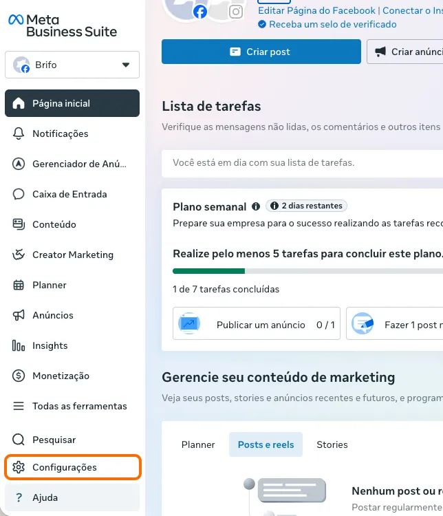 Menu lateral do Meta Business Suite com a opção Configurações no fim da lista