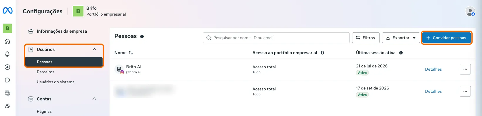 Tela Configurações com o menu Usuários › Pessoas selecionado e o botão Convidar pessoas no canto superior direito