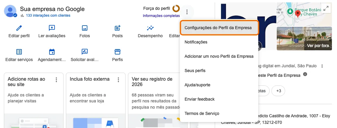 Menu aberto com a opção Configurações do Perfil da Empresa destacada
