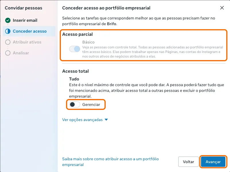 Etapa Conceder acesso com Acesso parcial básico ligado e Acesso total desligado