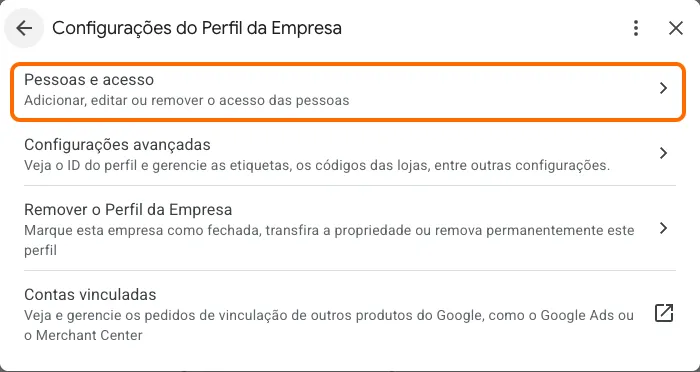 Janela Configurações do Perfil da Empresa com a opção Pessoas e acesso destacada