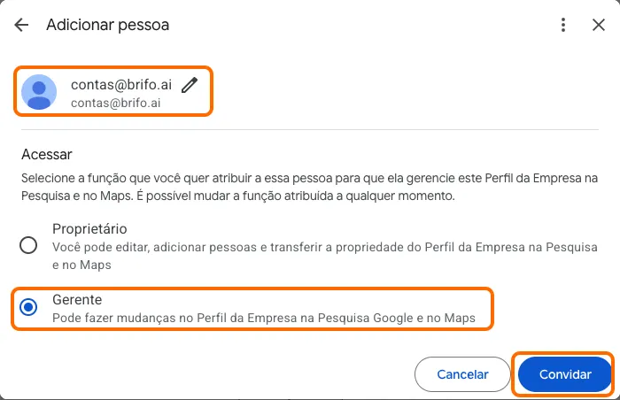 Janela Adicionar pessoa com contas@brifo.ai preenchido, a função Gerente selecionada e o botão Convidar destacados