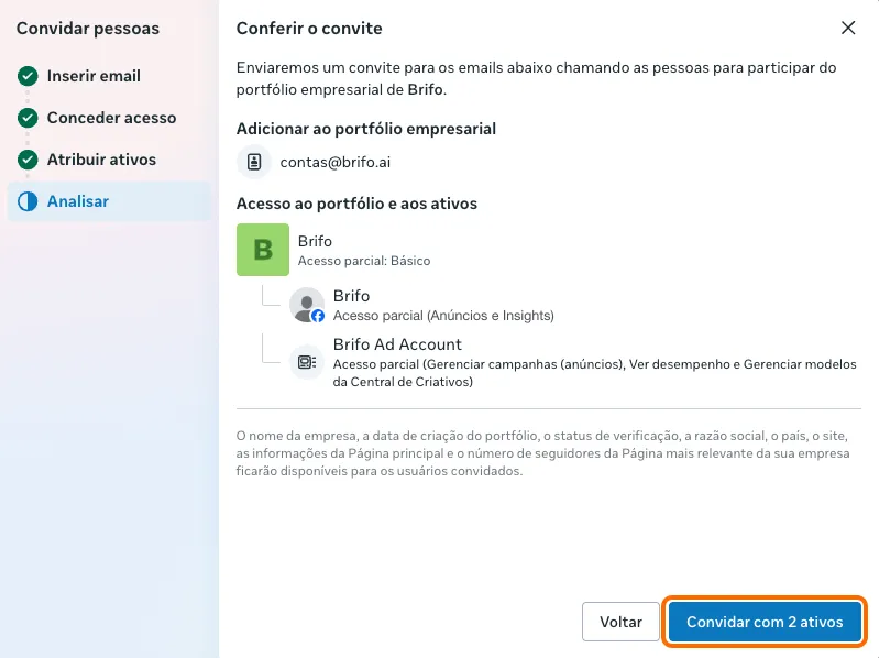 Etapa Analisar com o convite para contas@brifo.ai, a página com acesso parcial a Anúncios e Insights, a conta de anúncios com acesso parcial, e o botão Convidar com 2 ativos